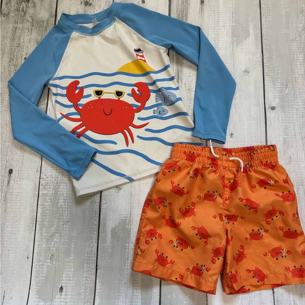Joe Fresh Blue & Orange Crab Rashguard & Swim Trunk Set